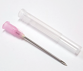 A Nipro plastic tube with a pink 3cc (3ml) 18G x 1" Luer-Lock Syringe & Hypodermic Needle Combo (50 pack) in it.